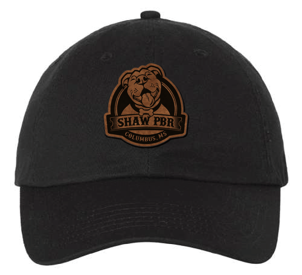 Black Shaw Pit Bull Rescue dad hat. Rawhide patch engraves to black.