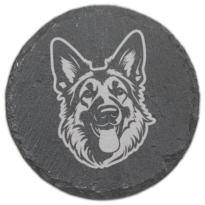 Round laser engraved German shepherd coaster in slate