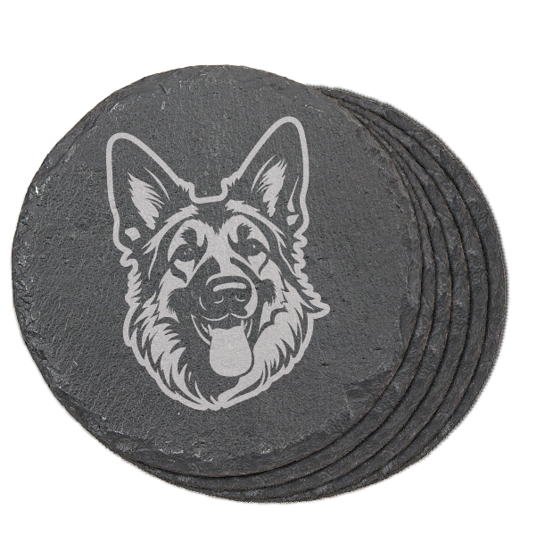 Round laser engraved German shepherd coaster in slate: set of 6