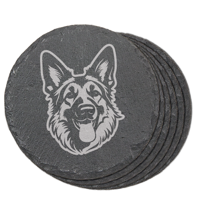 Round laser engraved German shepherd coaster in slate: set of 6