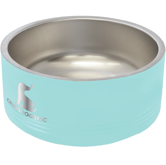 Medium teal stainless steel powder coated, laser engraved dog bowl featuring the CrisisDogsNC logo.