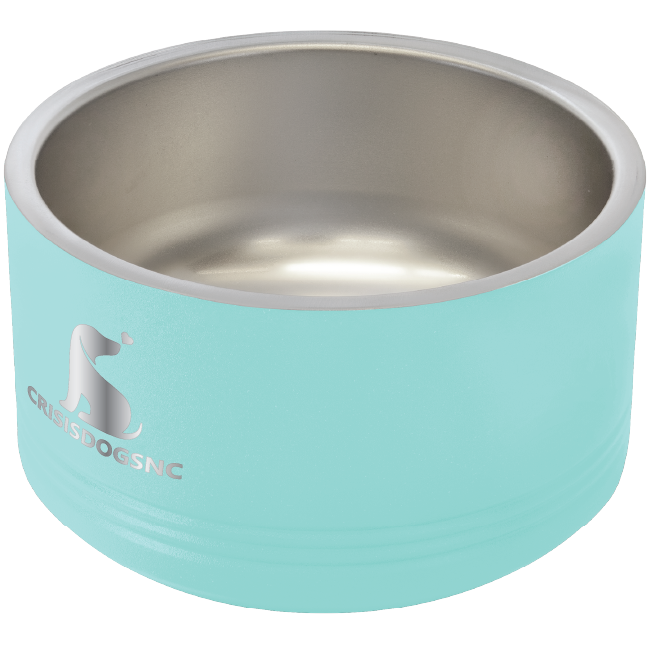 Small teal stainless steel powder coated, laser engraved dog bowl featuring the CrisisDogsNC logo.