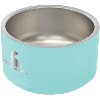 Small teal stainless steel powder coated, laser engraved dog bowl featuring the CrisisDogsNC logo.