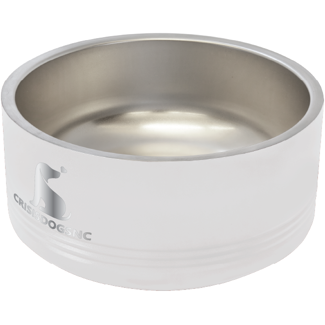 Medium White stainless steel powder coated, laser engraved dog bowl featuring the CrisisDogsNC logo.