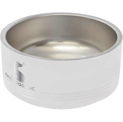 Medium White stainless steel powder coated, laser engraved dog bowl featuring the CrisisDogsNC logo.