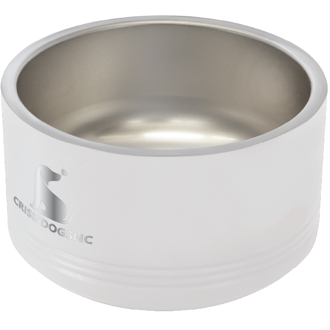 Small white stainless steel powder coated, laser engraved dog bowl featuring the CrisisDogsNC logo.