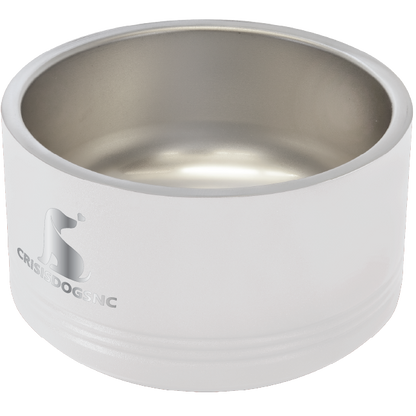 Small white stainless steel powder coated, laser engraved dog bowl featuring the CrisisDogsNC logo.